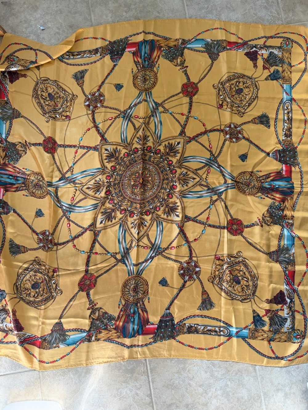 VTG POLA 100% Silk Stylish Gold Medallion Print Scarf 42”x42”
